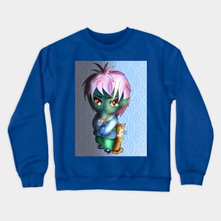 kawaii thinking green dark elf with a cute cat Crewneck Sweatshirt